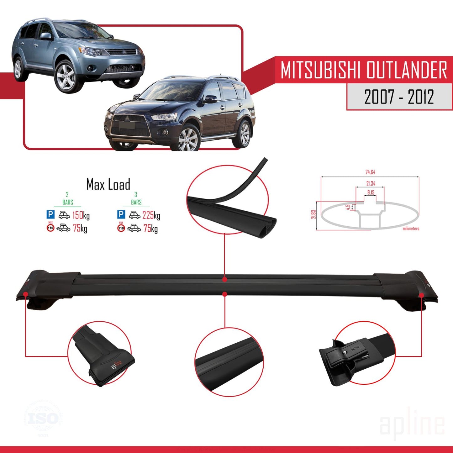 Compatible avec Mitsubishi Outlander 2 2007-2012 FLY Model Barres de Toit Railing Porte-Bagages de Voiture Noir Aluminium 3 Barres