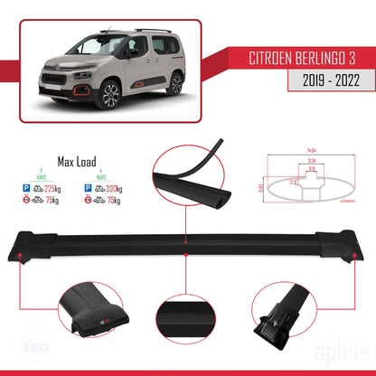 Compatible avec Citroen Berlingo 3 (K9) 2019-2022 FLY Model Barres de Toit Railing Porte-Bagages de Voiture Noir Aluminium 3 Barres
