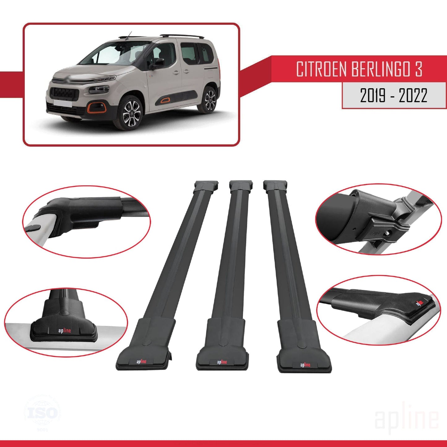 Compatible avec Citroen Berlingo 3 (K9) 2019-2022 FLY Model Barres de Toit Railing Porte-Bagages de Voiture Noir Aluminium 3 Barres