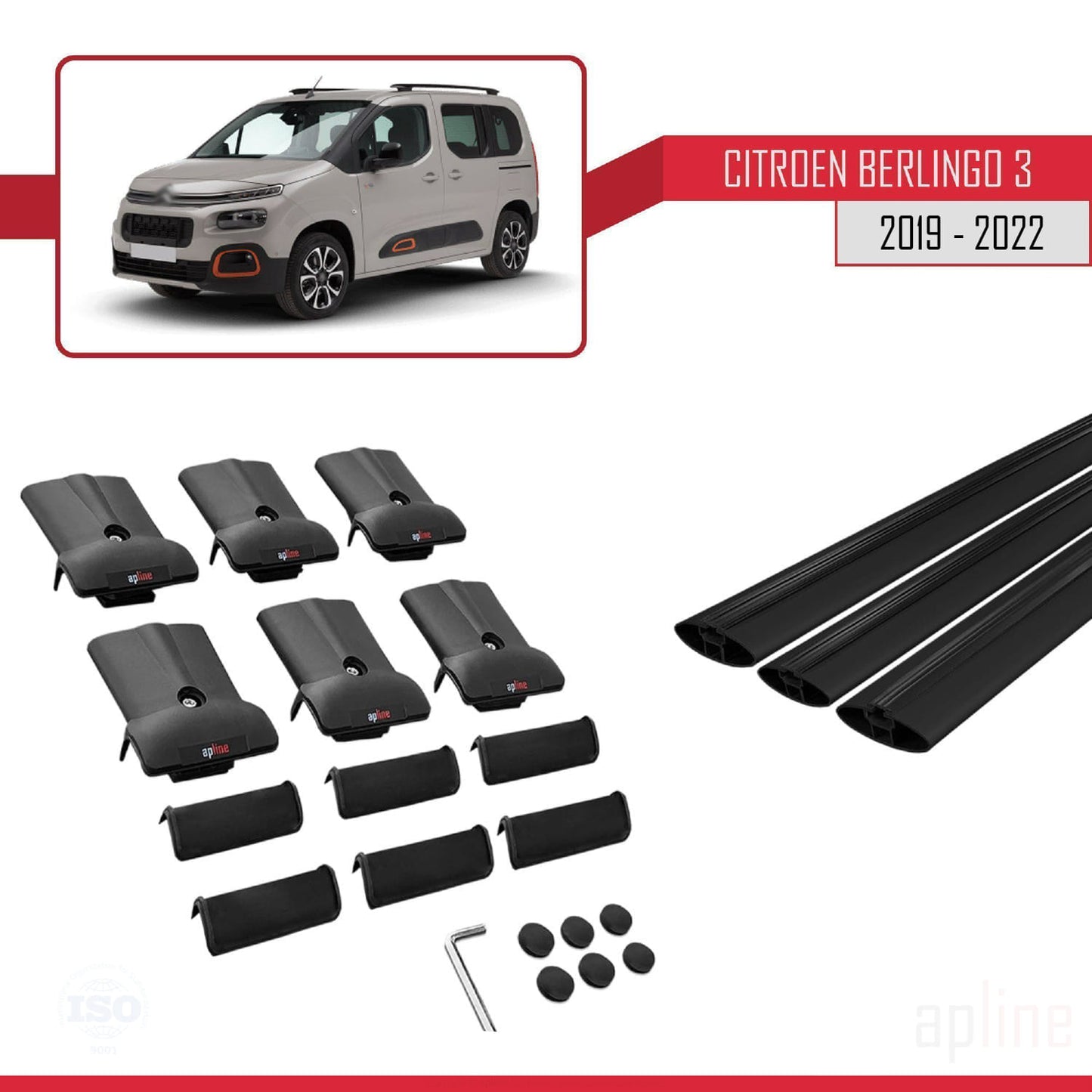 Compatible avec Citroen Berlingo 3 (K9) 2019-2022 FLY Model Barres de Toit Railing Porte-Bagages de Voiture Noir Aluminium 3 Barres
