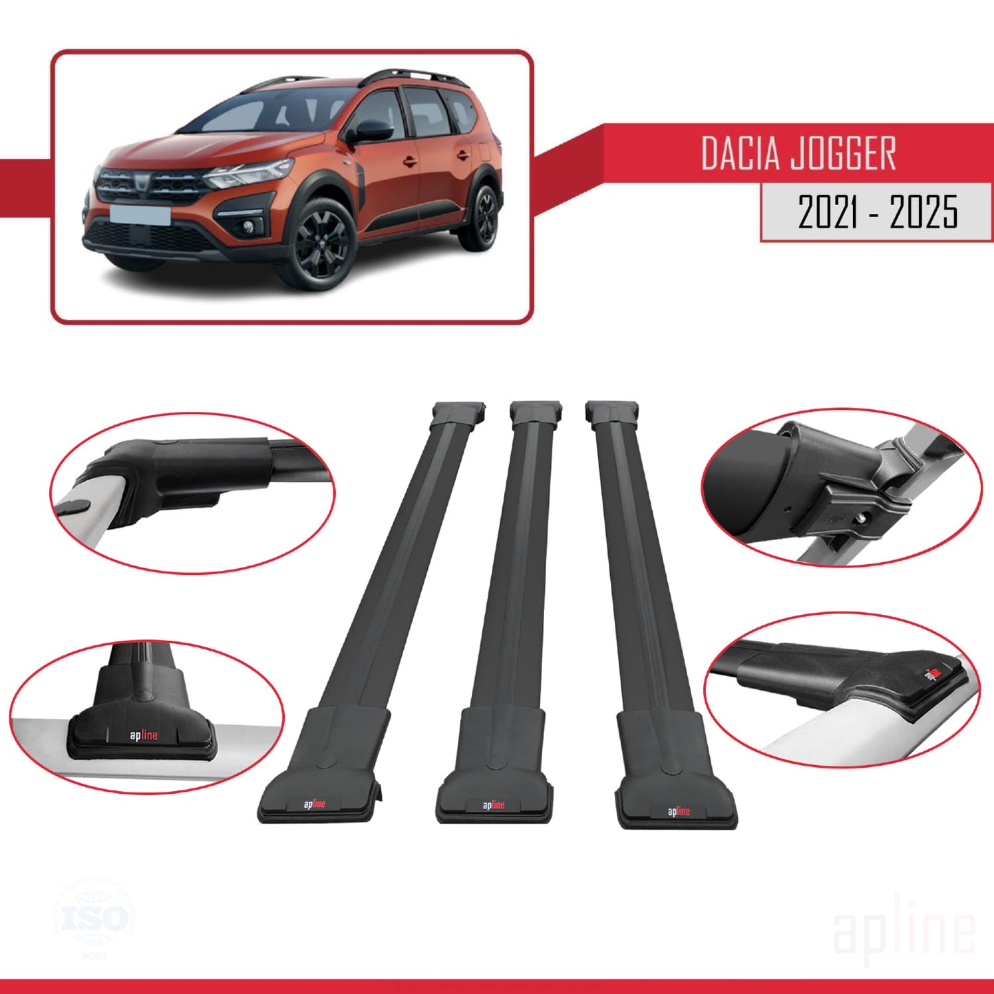 Compatibile con Dacia Jogger 2021-2025 modello FLY Barre portatutto per auto Portapacchi in alluminio nero 3 barre