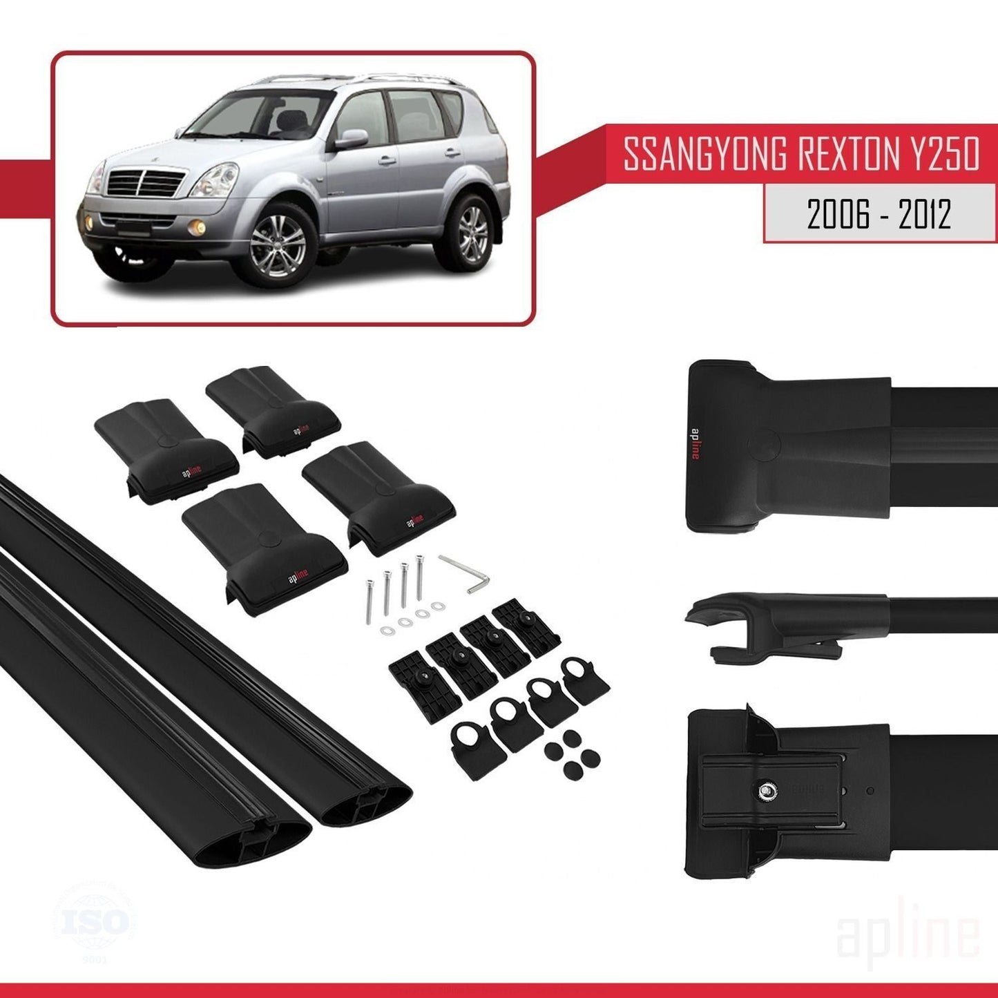 Compatible avec Ssangyong Rexton (Y250) 2006-2012 FLY Model Barres de Toit Railing Porte-Bagages de Voiture Noir Aluminium 2 Barres
