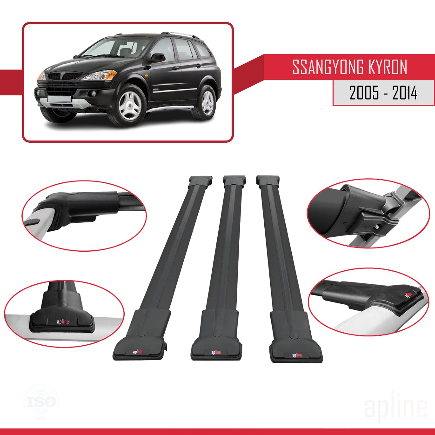 Compatible avec Ssangyong Kyron 2005-2014 FLY Model Barres de Toit Railing Porte-Bagages de Voiture Noir Aluminium 3 Barres