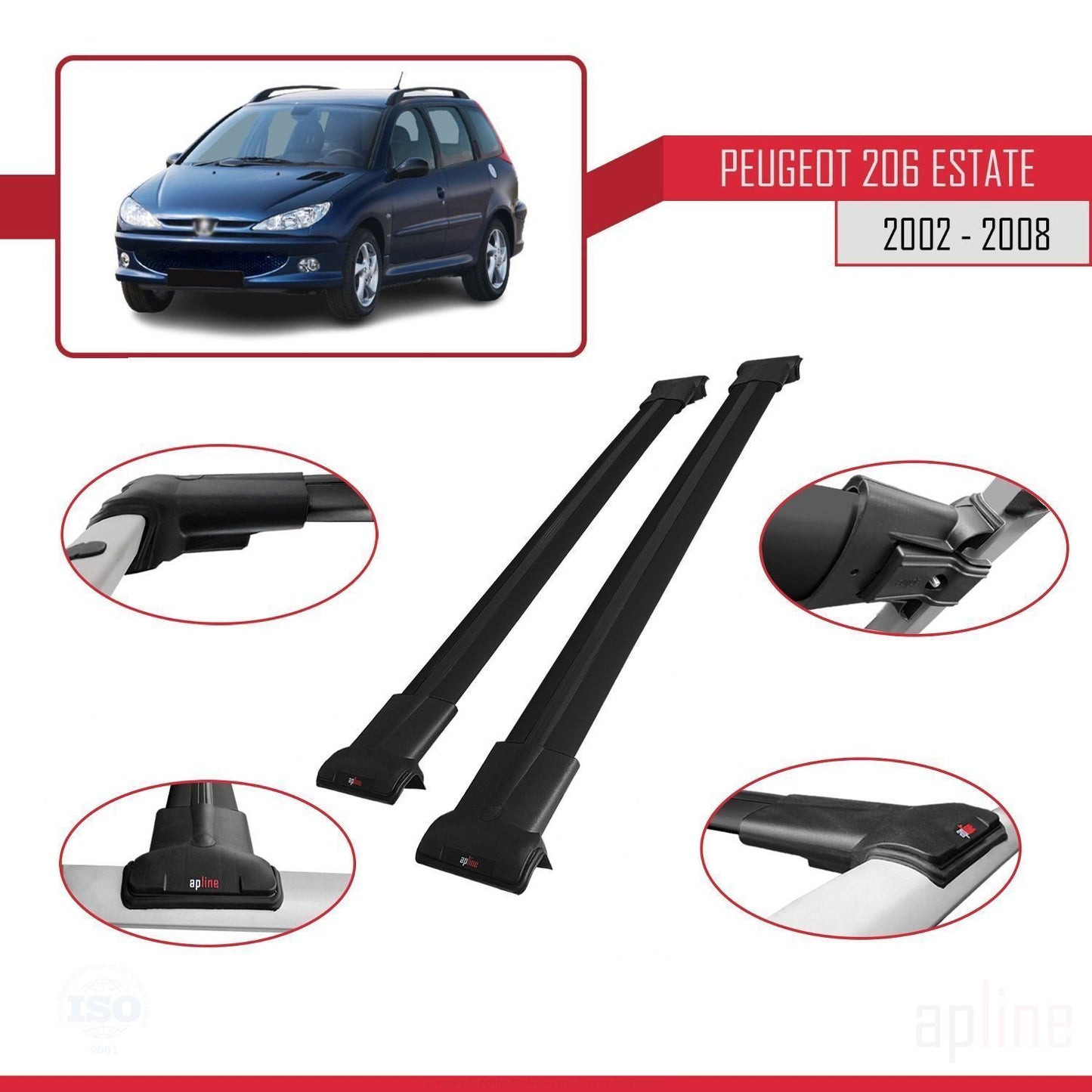 Compatible avec Peugeot 206 Break 2002-2008 FLY Model Barres de Toit Railing Porte-Bagages de Voiture Noir Aluminium 2 Barres