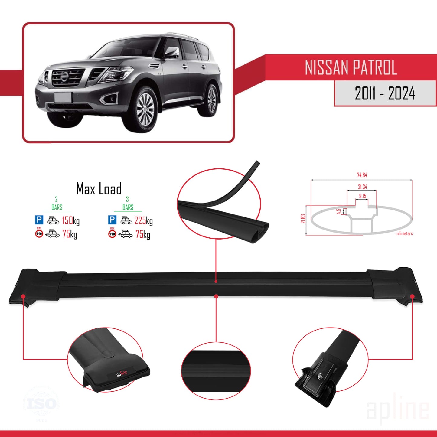 Compatible avec Nissan Patrol 6 (Y62) 2011-2024 FLY Model Barres de Toit Railing Porte-Bagages de Voiture Noir Aluminium 2 Barres