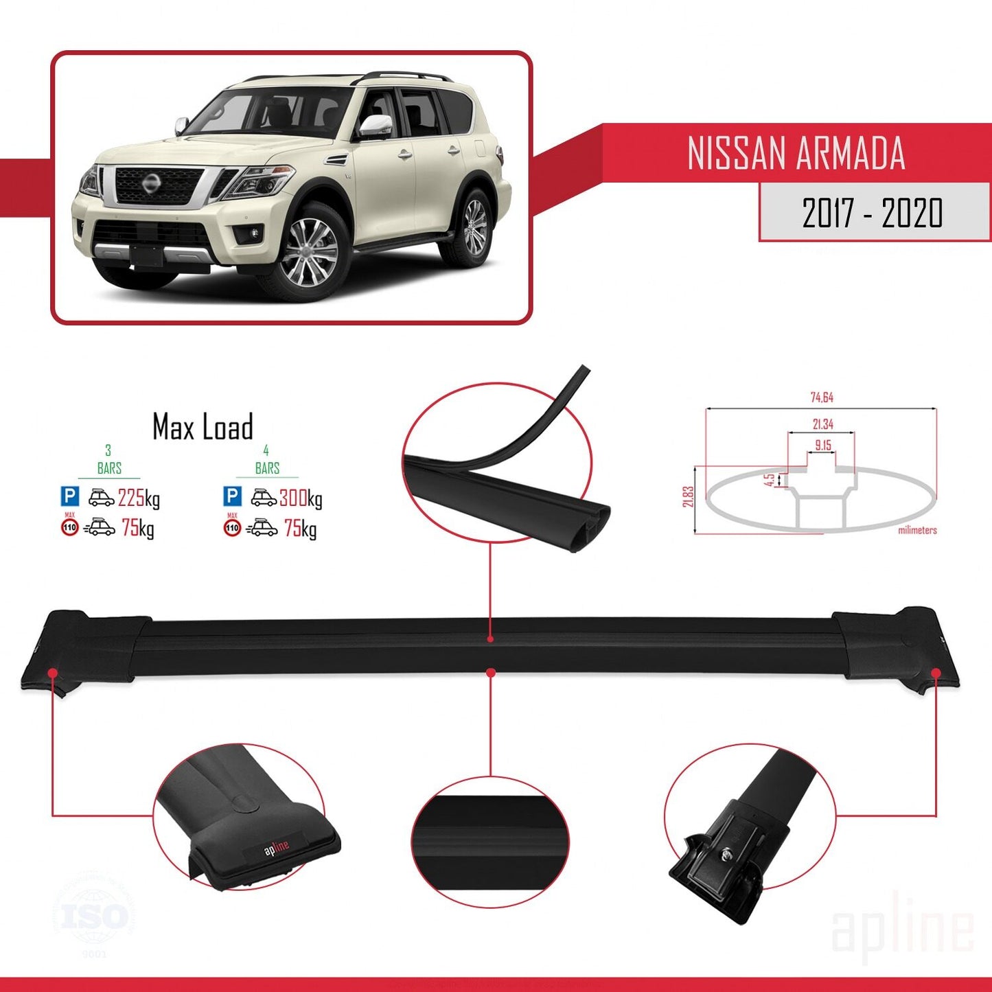Compatible with Nissan Armada 2 (Y62) 2017-2020 FLY Model Car Roof Rack Cross Bar Black Aluminium 3 Bars