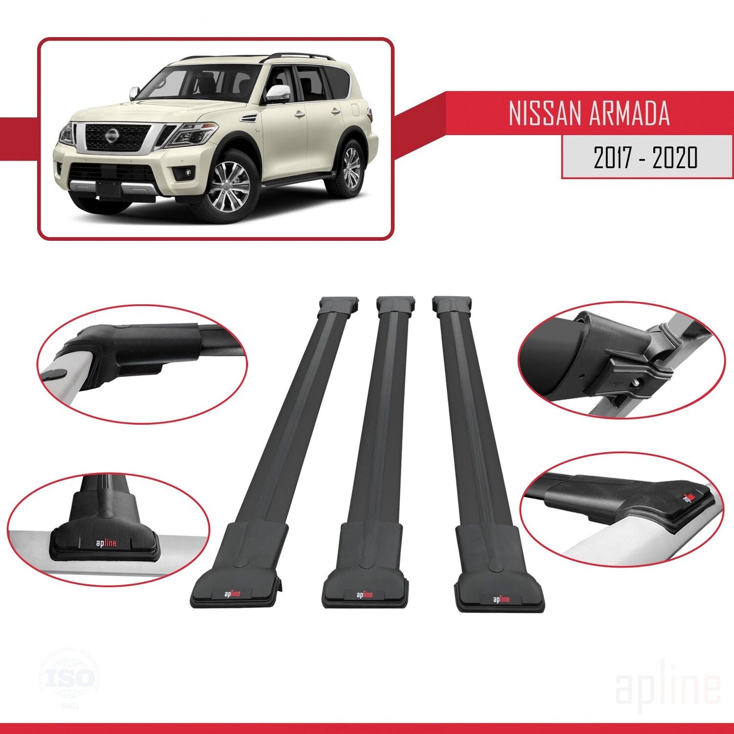Compatible with Nissan Armada 2 (Y62) 2017-2020 FLY Model Car Roof Rack Cross Bar Black Aluminium 3 Bars