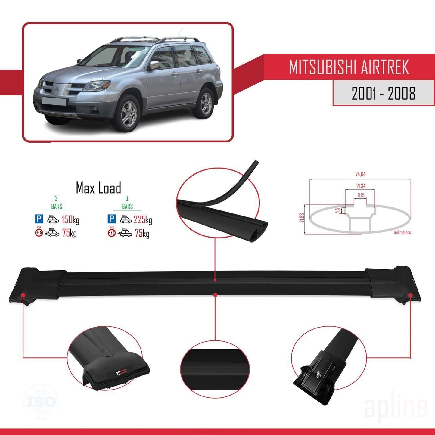 Compatible con Mitsubishi Airtrek 2001-2008 FLY Model Barras de Techo Auto Portaequipajes Barras Transversales Negro Aluminio 2 Barras