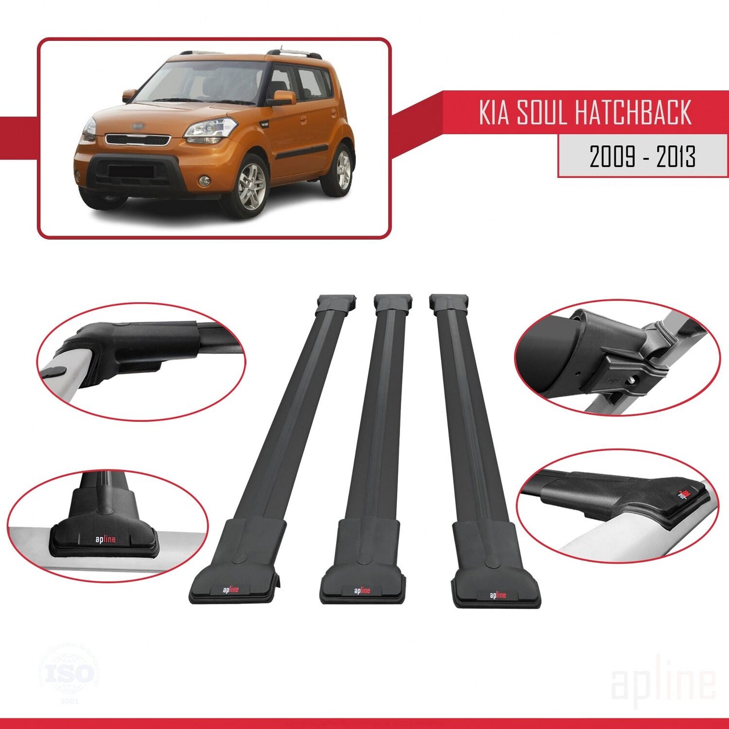 Compatible avec Kia Soul (AM) HB 2009-2013 FLY Model Barres de Toit Railing Porte-Bagages de Voiture Noir Aluminium 3 Barres