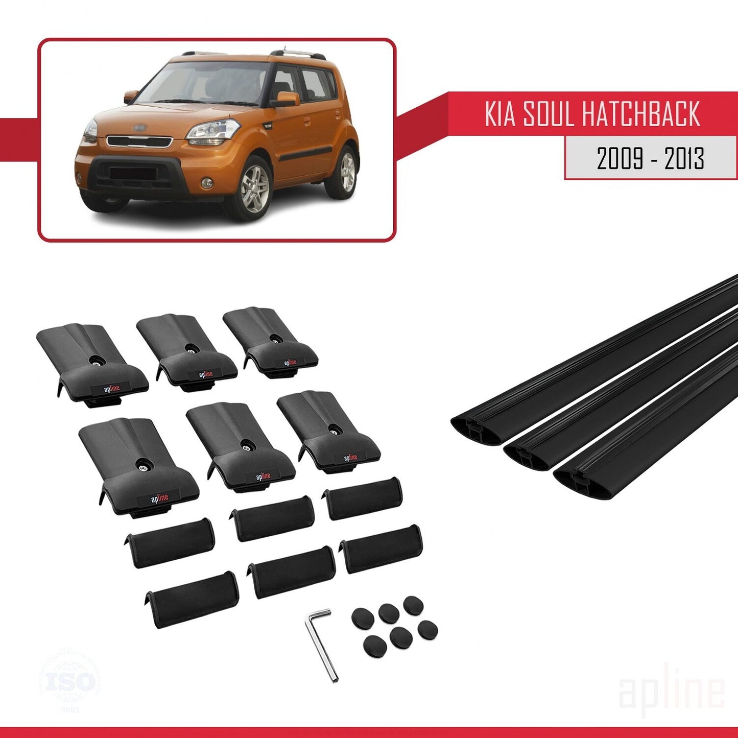 Compatible avec Kia Soul (AM) HB 2009-2013 FLY Model Barres de Toit Railing Porte-Bagages de Voiture Noir Aluminium 3 Barres