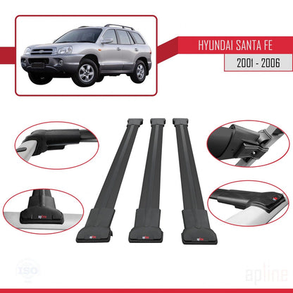 Compatible avec Hyundai Santa Fe (SM) 2001-2006 FLY Model Barres de Toit Railing Porte-Bagages de Voiture Noir Aluminium 3 Barres