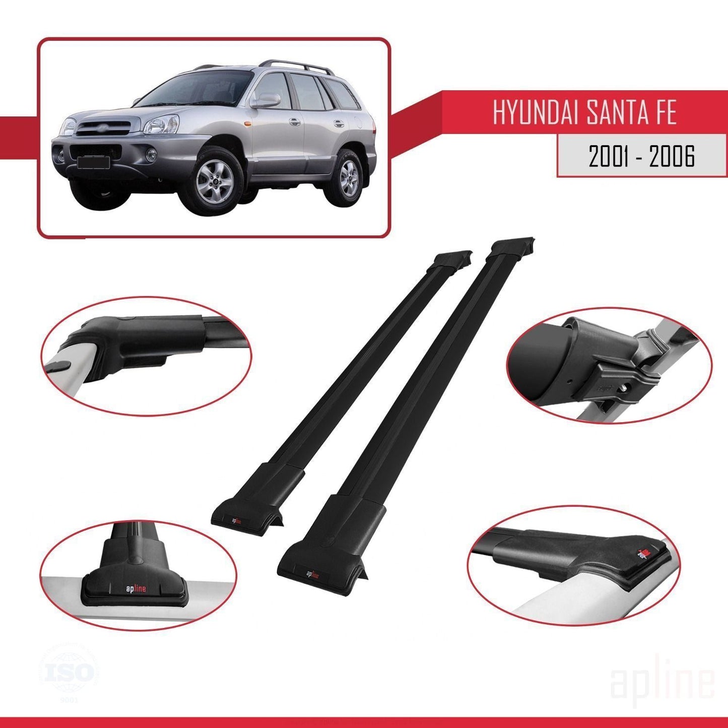 Compatible avec Hyundai Santa Fe (SM) 2001-2006 FLY Model Barres de Toit Railing Porte-Bagages de Voiture Noir Aluminium 2 Barres