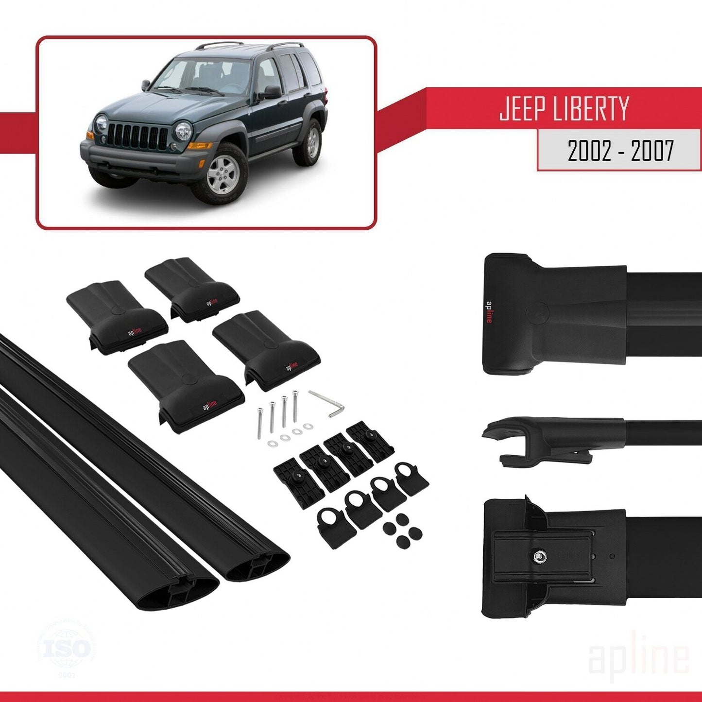 Compatible avec Jeep Liberty 2002-2007 FLY Model Barres de Toit Railing Porte-Bagages de Voiture Noir Aluminium 2 Barres