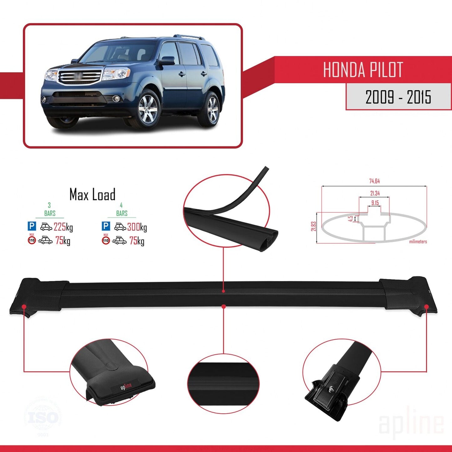 Compatible with Honda Pilot 2 2009-2015 FLY Model Car Roof Rack Cross Bar Black Aluminium 3 Bars