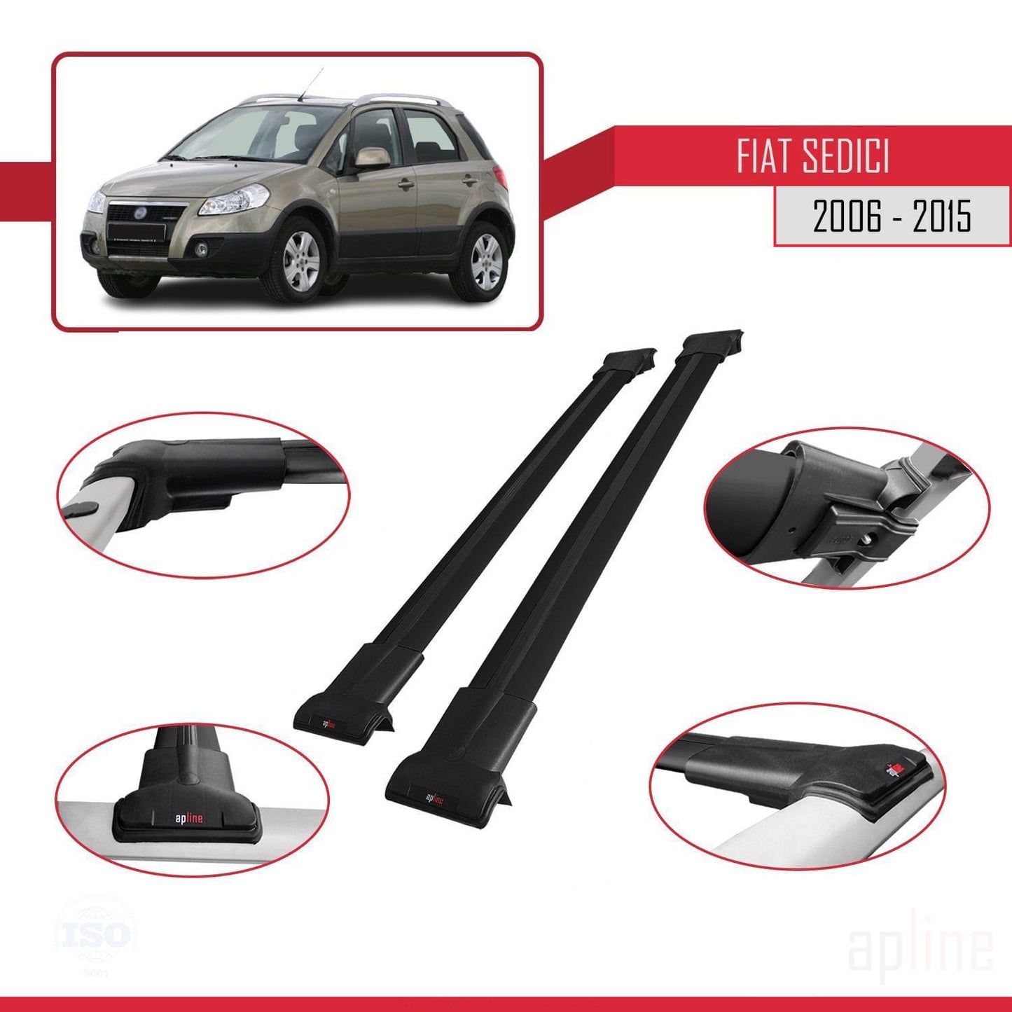 Kompatibel mit Fiat Sedici 2006-2015 FLY Modell Dachgepäckträger, schwarzes Aluminium, 2 Stangen