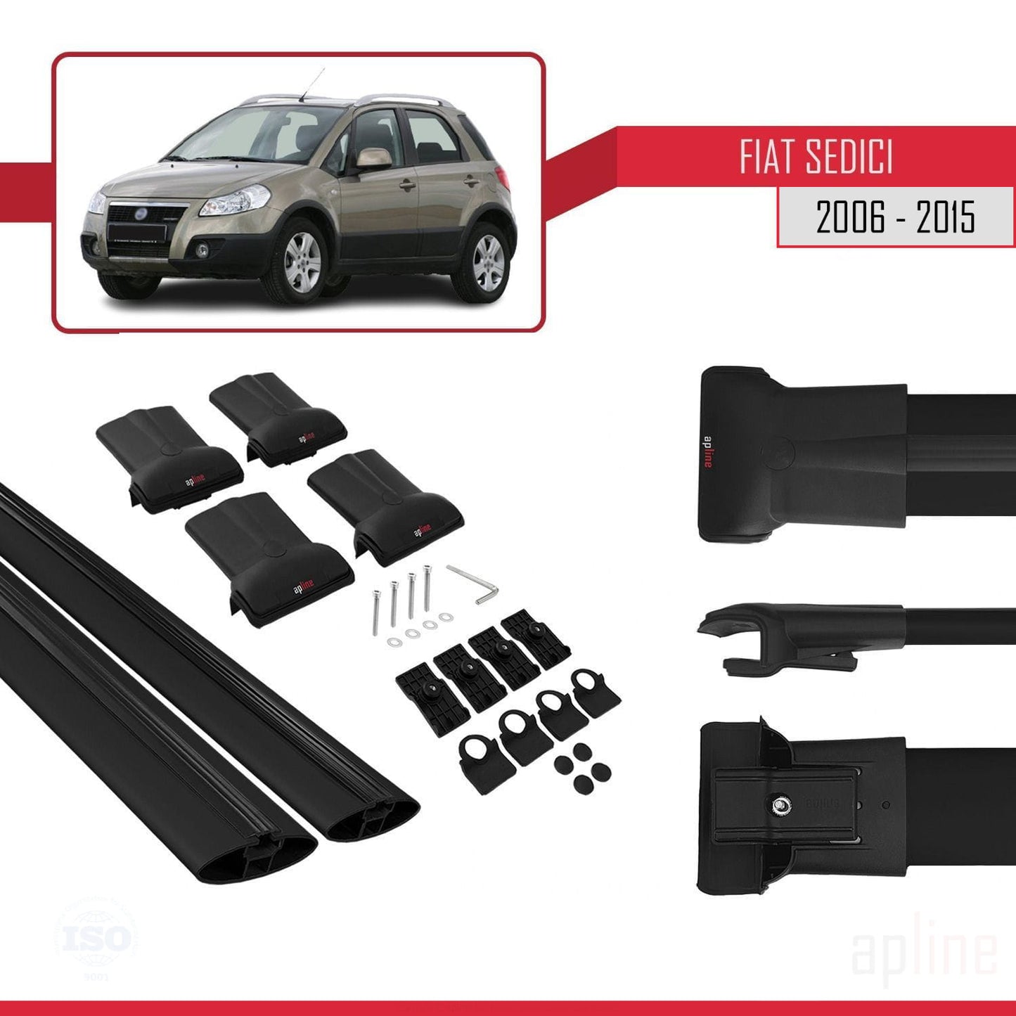 Kompatibel mit Fiat Sedici 2006-2015 FLY Modell Dachgepäckträger, schwarzes Aluminium, 2 Stangen