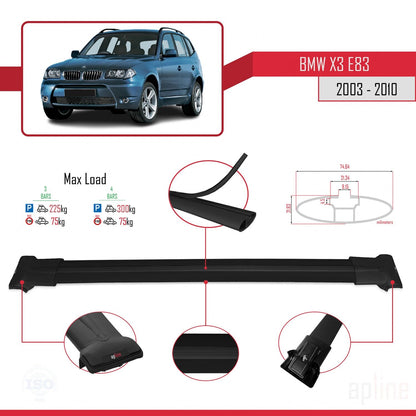 Compatible avec BMW X3 (E83) 2003-2010 FLY Model Barres de Toit Railing Porte-Bagages de Voiture Noir Aluminium 3 Barres