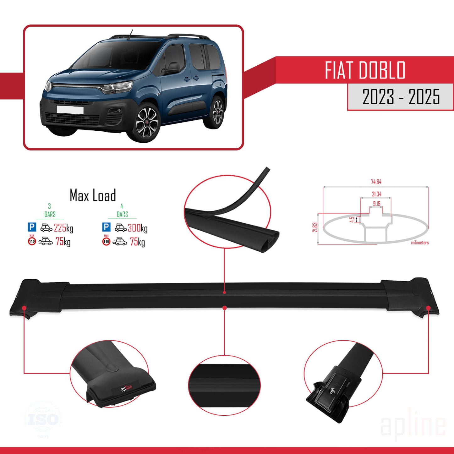 Compatible avec Fiat Doblo 3 2023-2025 FLY Model Barres de Toit Railing Porte-Bagages de Voiture Noir Aluminium 3 Barres