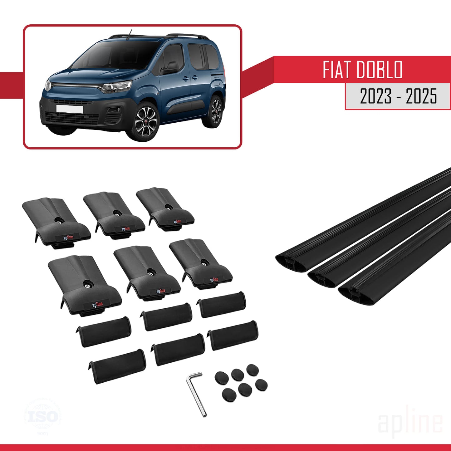 Compatible avec Fiat Doblo 3 2023-2025 FLY Model Barres de Toit Railing Porte-Bagages de Voiture Noir Aluminium 3 Barres
