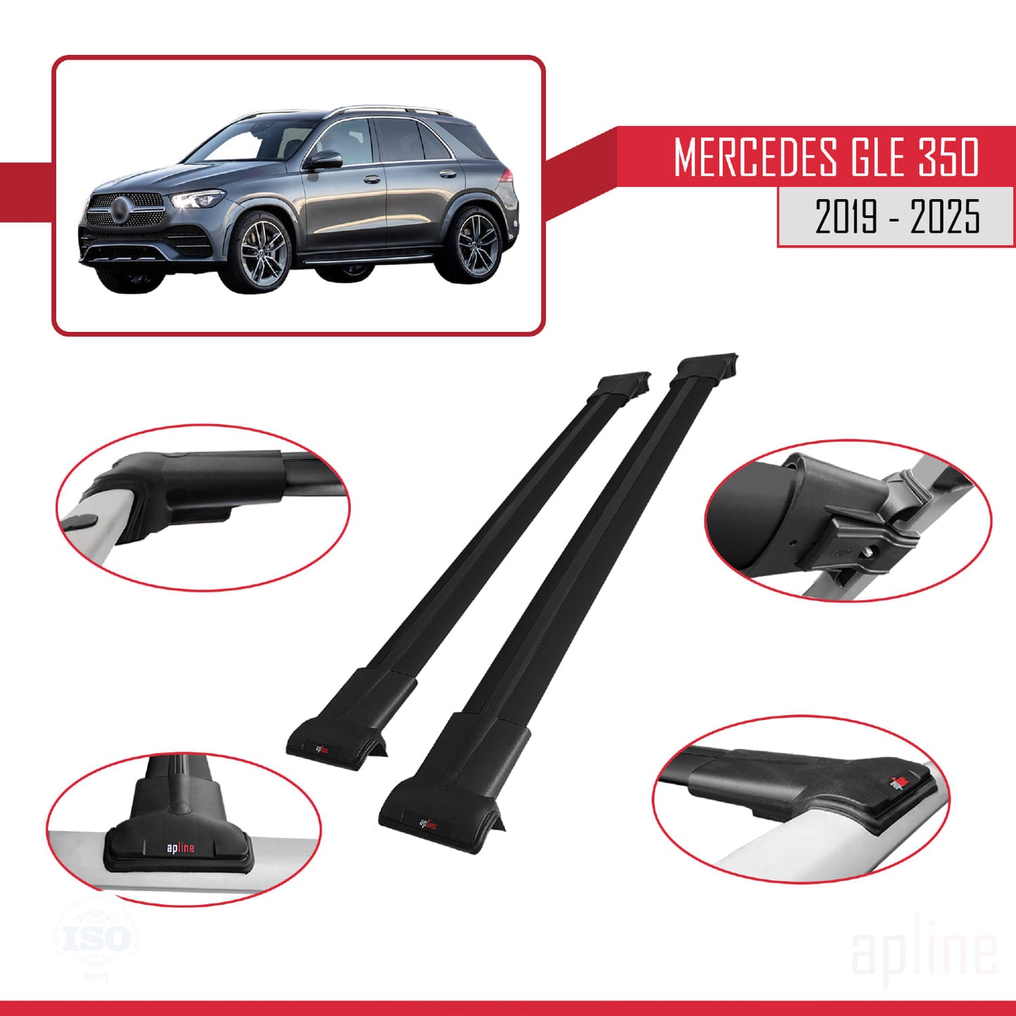 Compatible avec Mercedes Classe GLE 4 (V167) 2019-2025 FLY Model Barres de Toit Railing Porte-Bagages de Voiture Noir Aluminium 2 Barres
