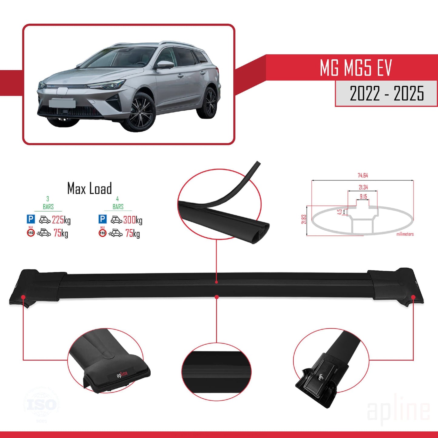 Compatible avec MG 5 EV 2022-2025 FLY Model Barres de Toit Railing Porte-Bagages de Voiture Noir Aluminium 3 Barres