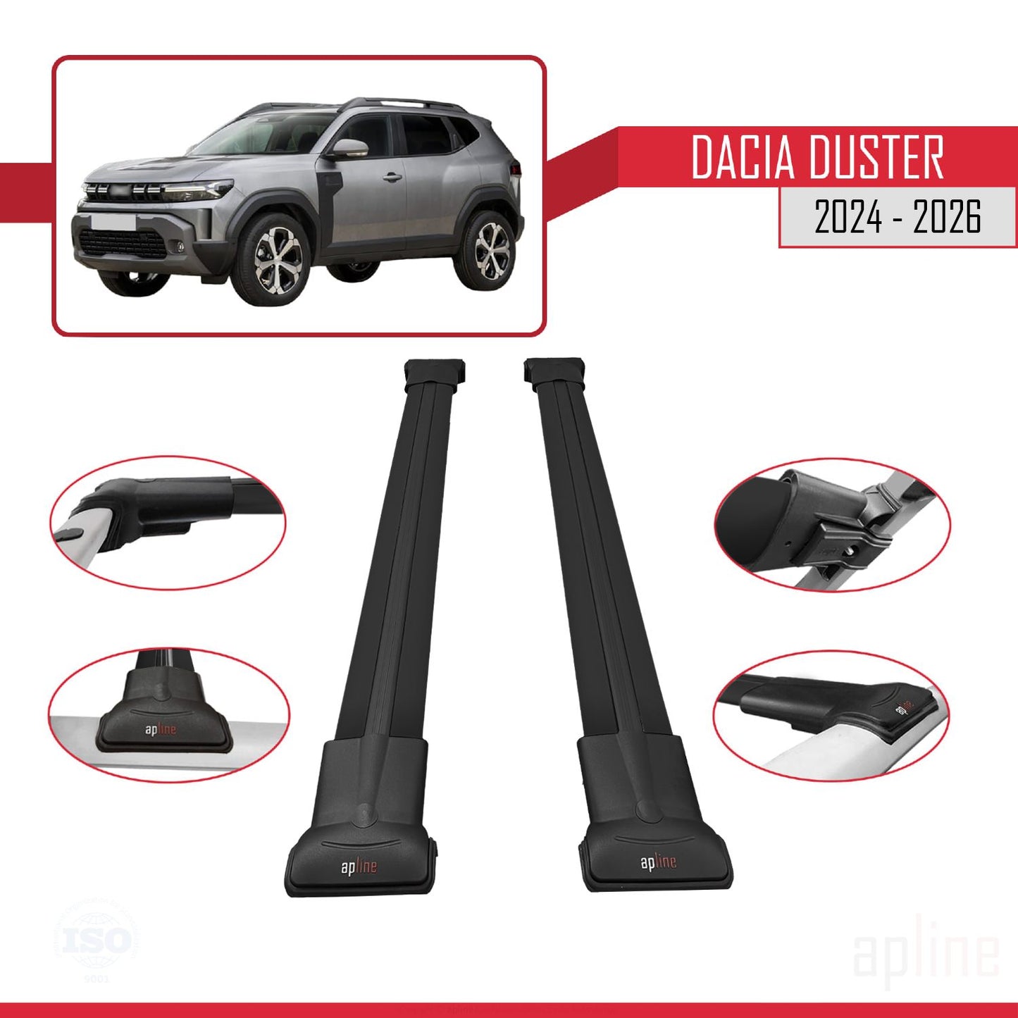 Compatible avec Dacia Duster 3 (P1310) 2024-2025 FLY Model Barres de Toit Railing Porte-Bagages de Voiture Noir Aluminium 2 Barres