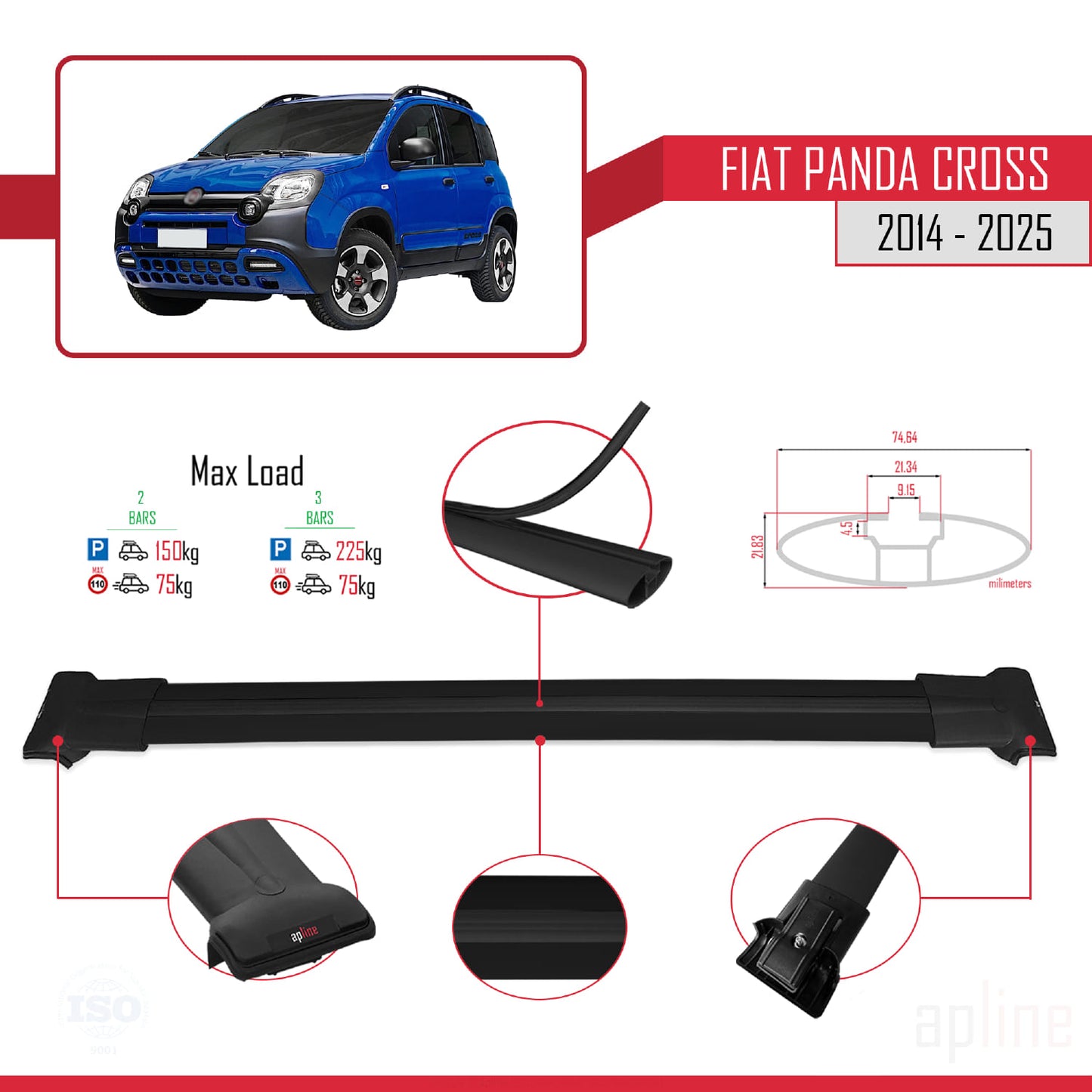 Kompatibel mit Fiat Panda Cross 2014-2025 FLY Modell Dachgepäckträger, schwarzes Aluminium, 2 Stangen