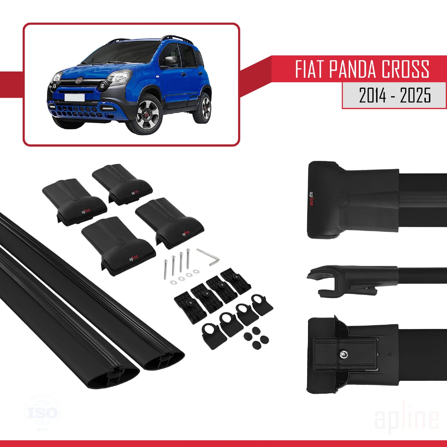 Kompatibel mit Fiat Panda Cross 2014-2025 FLY Modell Dachgepäckträger, schwarzes Aluminium, 2 Stangen