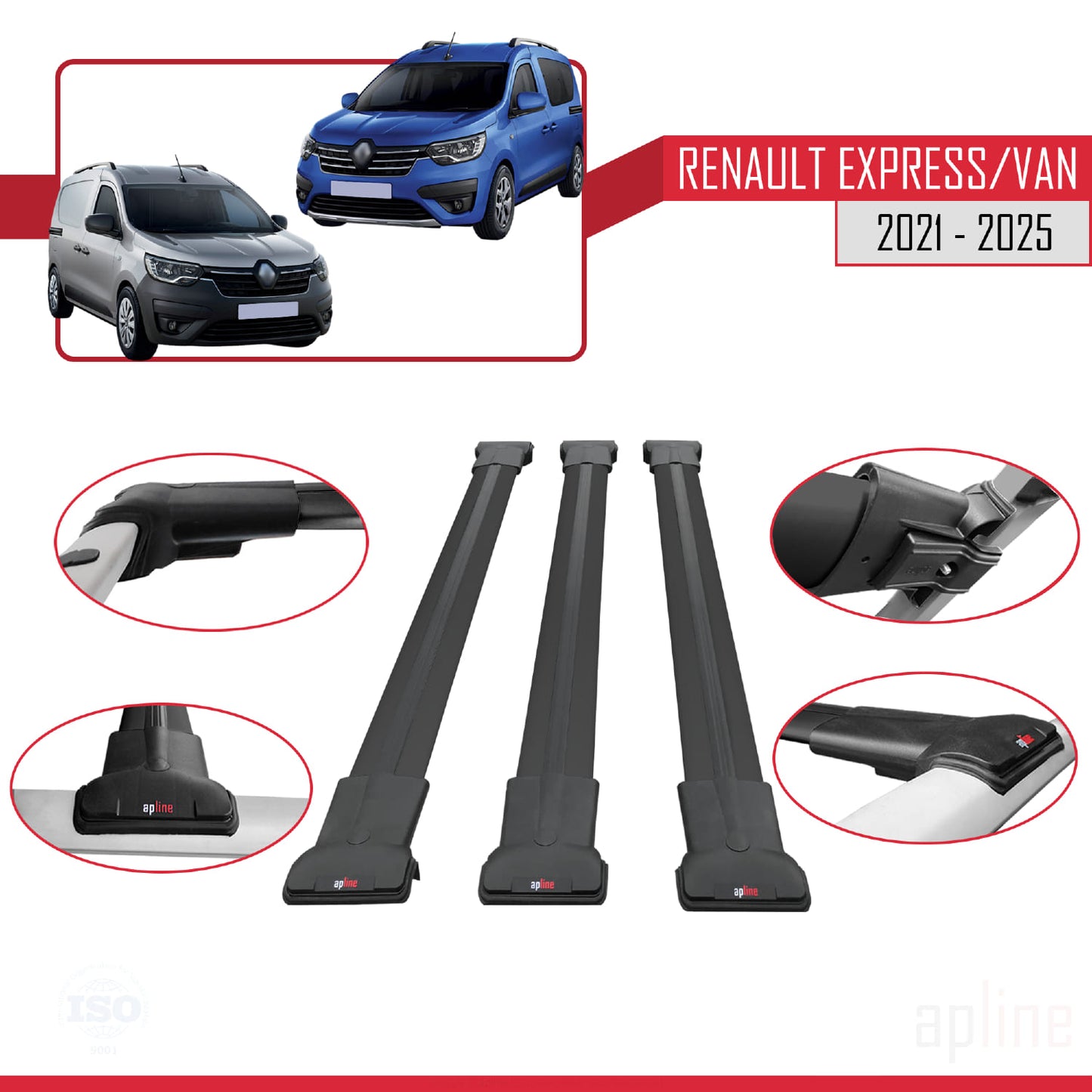 Compatible avec Renault Express 2021-2025 FLY Model Barres de Toit Railing Porte-Bagages de Voiture Noir Aluminium 3 Barres