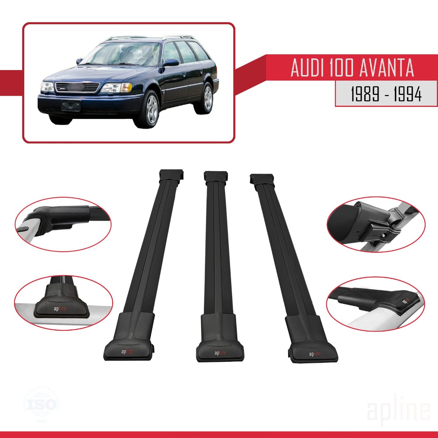 Compatible avec Audi 100 Avanta 1989-1994 FLY Model Barres de Toit Railing Porte-Bagages de Voiture Noir Aluminium 3 Barres