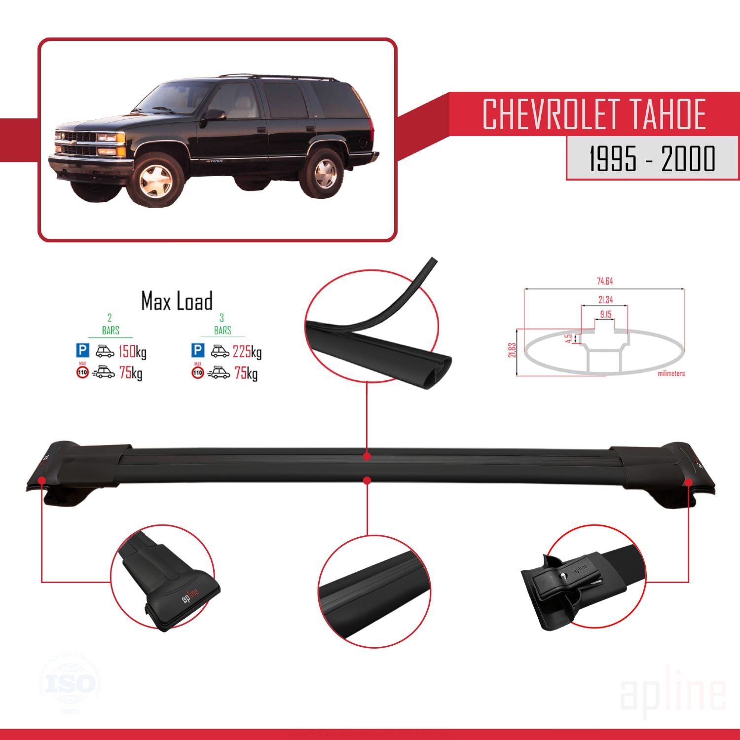 Compatible avec Chevrolet Tahoe 1995-2000 FLY Model Barres de Toit Railing Porte-Bagages de Voiture Noir Aluminium 2 Barres