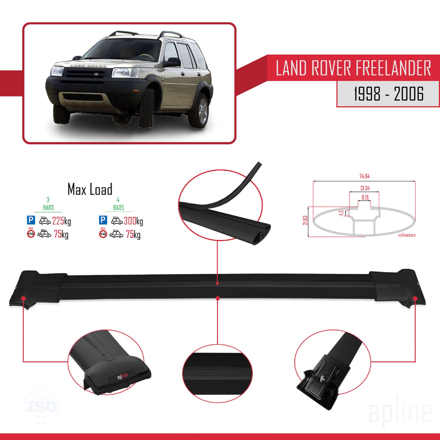 Compatible con Land Rover Freelander (L314) 1998-2006 FLY Model Barras de Techo Auto Portaequipajes Barras Transversales Negro Aluminio 3 Barras