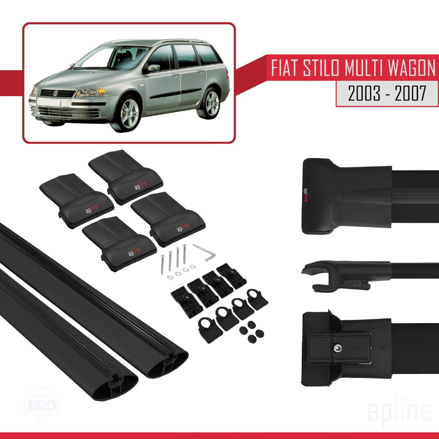 Compatible avec Fiat Stilo Multi Wagon 2003-2007 FLY Model Barres de Toit Railing Porte-Bagages de Voiture Noir Aluminium 2 Barres