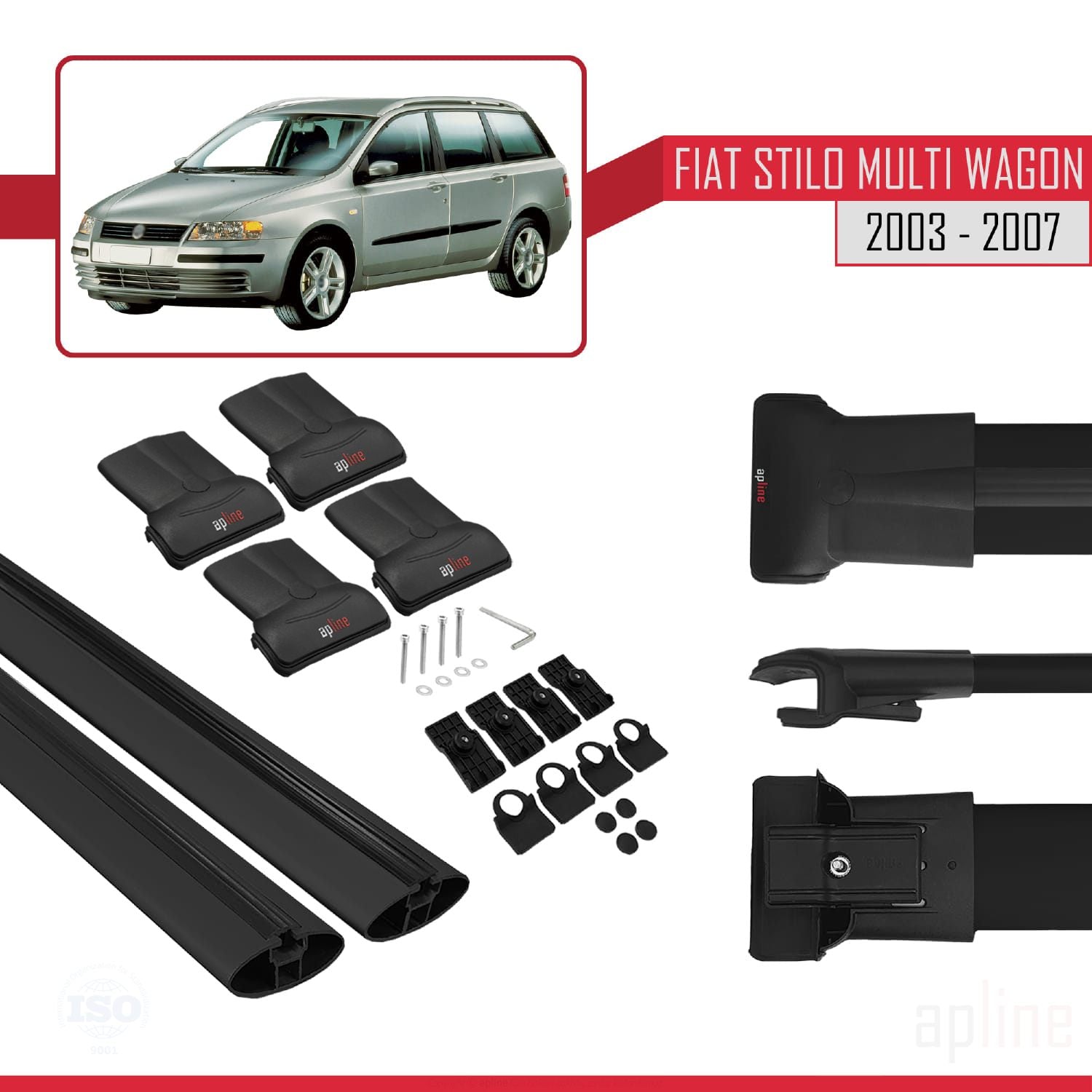 Compatible avec Fiat Stilo Multi Wagon 2003-2007 FLY Model Barres de Toit Railing Porte-Bagages de Voiture Noir Aluminium 2 Barres