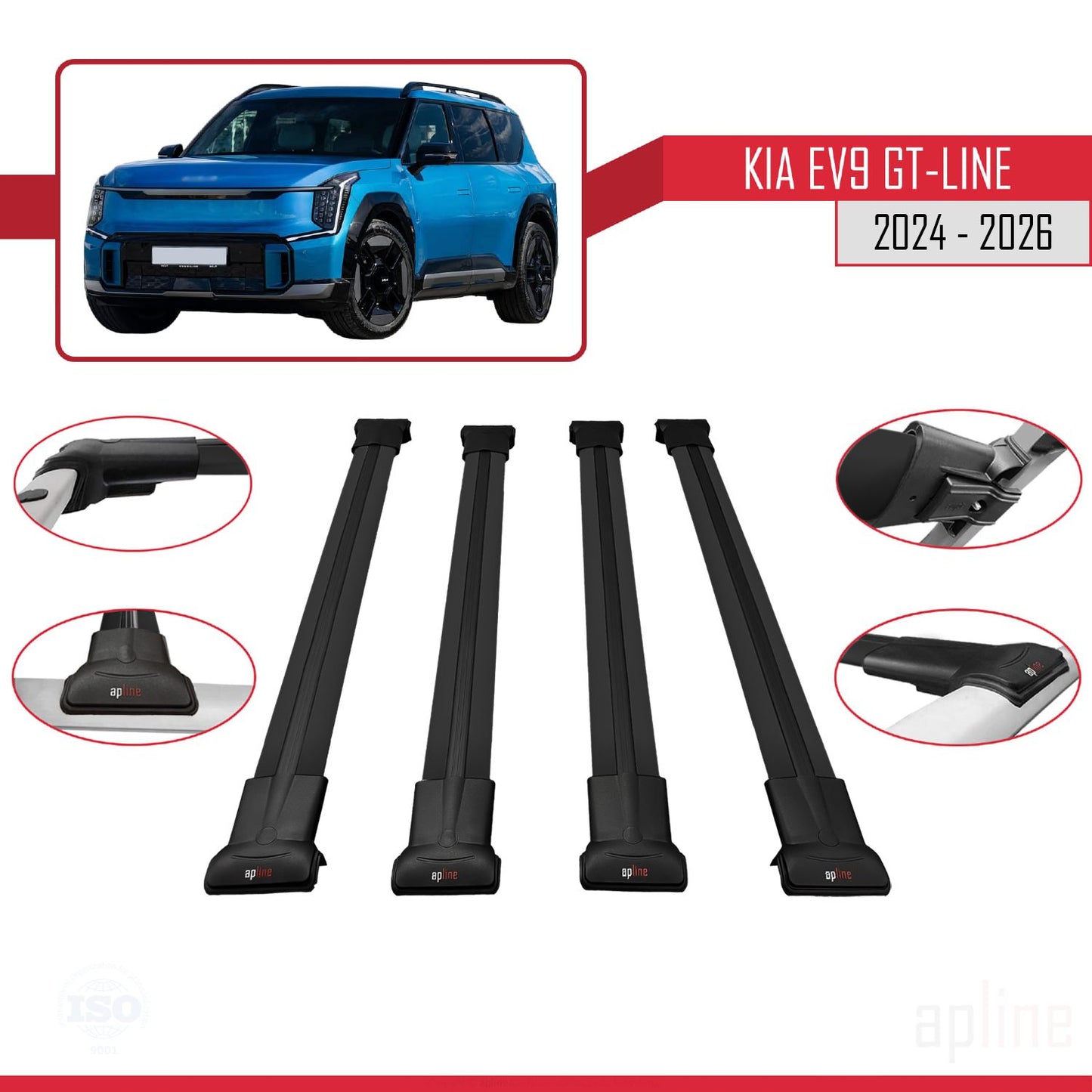 Compatible avec KIA EV9 GT-LINE 2024-2025 FLY Model Barres de Toit Railing Porte-Bagages de Voiture Noir Aluminium 4 Barres