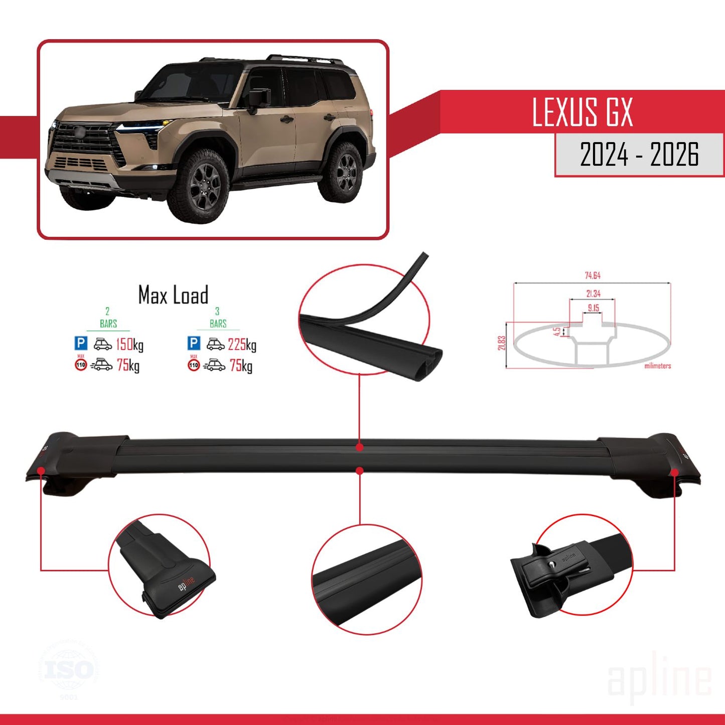 Compatible avec Lexus GX 2024-2025 FLY Model Barres de Toit Railing Porte-Bagages de Voiture Noir Aluminium 3 Barres
