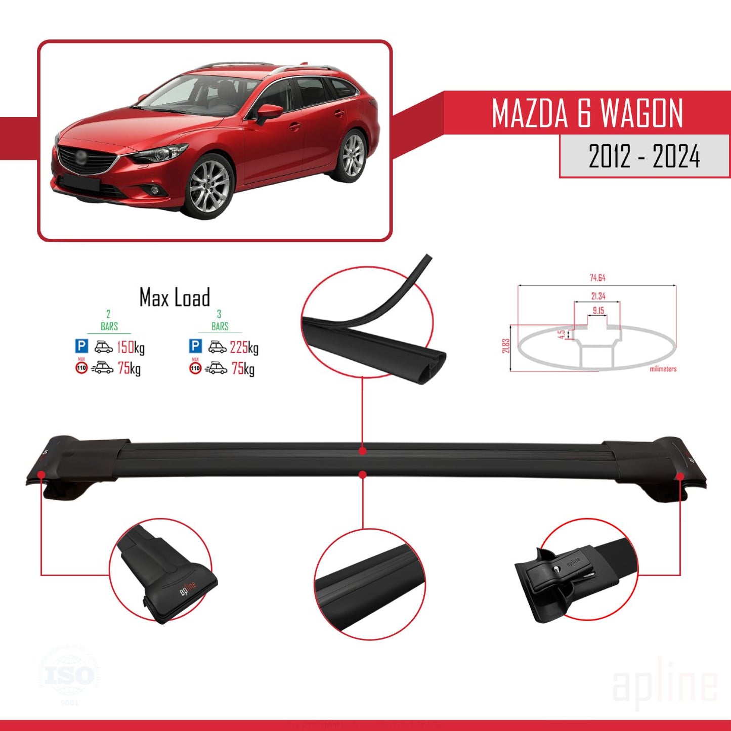 Compatible avec Mazda 6 Wagon 2012-2024 FLY Model Barres de Toit Railing Porte-Bagages de Voiture Noir Aluminium 3 Barres
