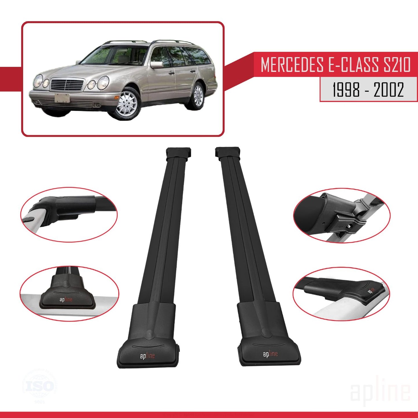 Compatible avec Mercedes E Class S210 Wagon 1998-2002 FLY Model Barres de Toit Railing Porte-Bagages de Voiture Noir Aluminium 2 Barres