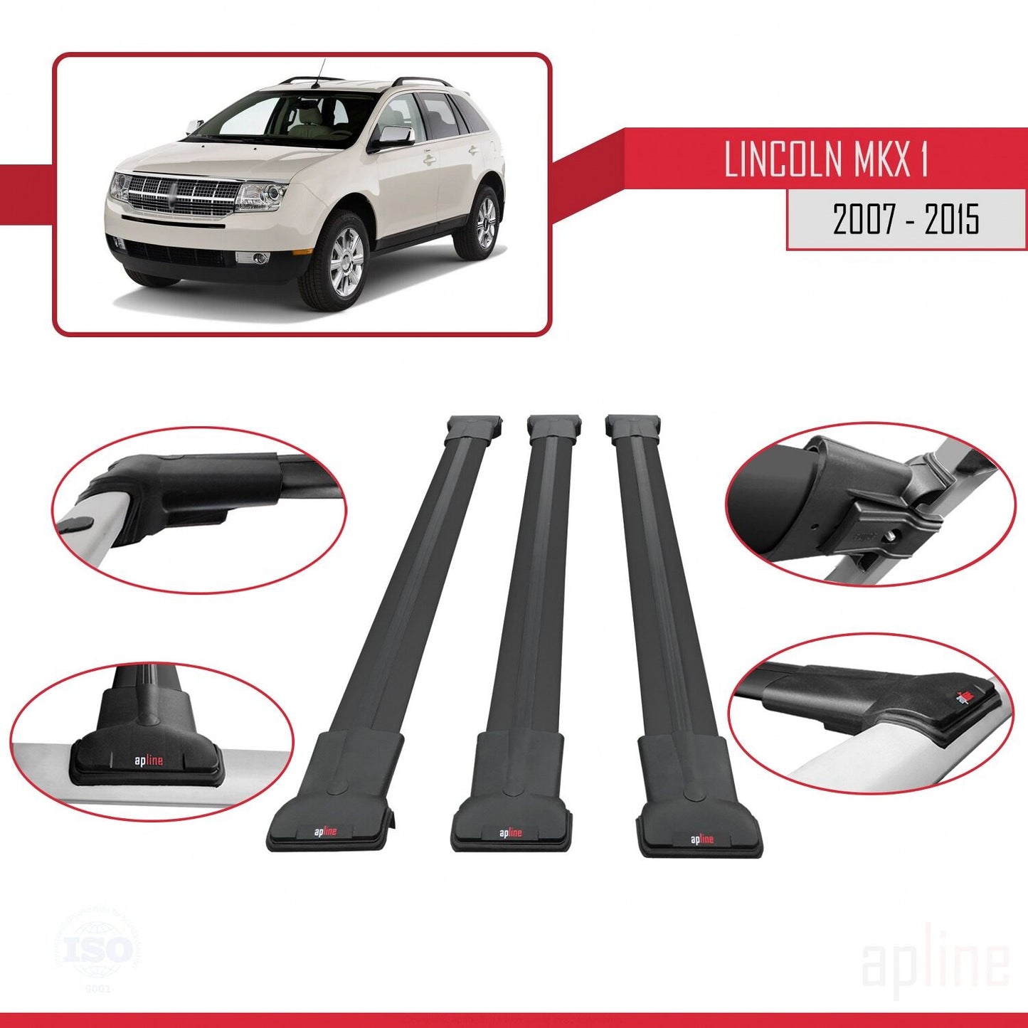 Compatible avec Lincoln MKX (U388) 2007-2015 FLY Model Barres de Toit Railing Porte-Bagages de Voiture Noir Aluminium 3 Barres