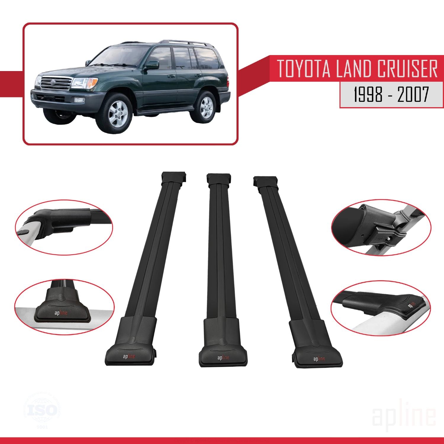 Compatible avec Toyota Land Cruiser 1998-2007 FLY Model Barres de Toit Railing Porte-Bagages de Voiture Noir Aluminium 3 Barres