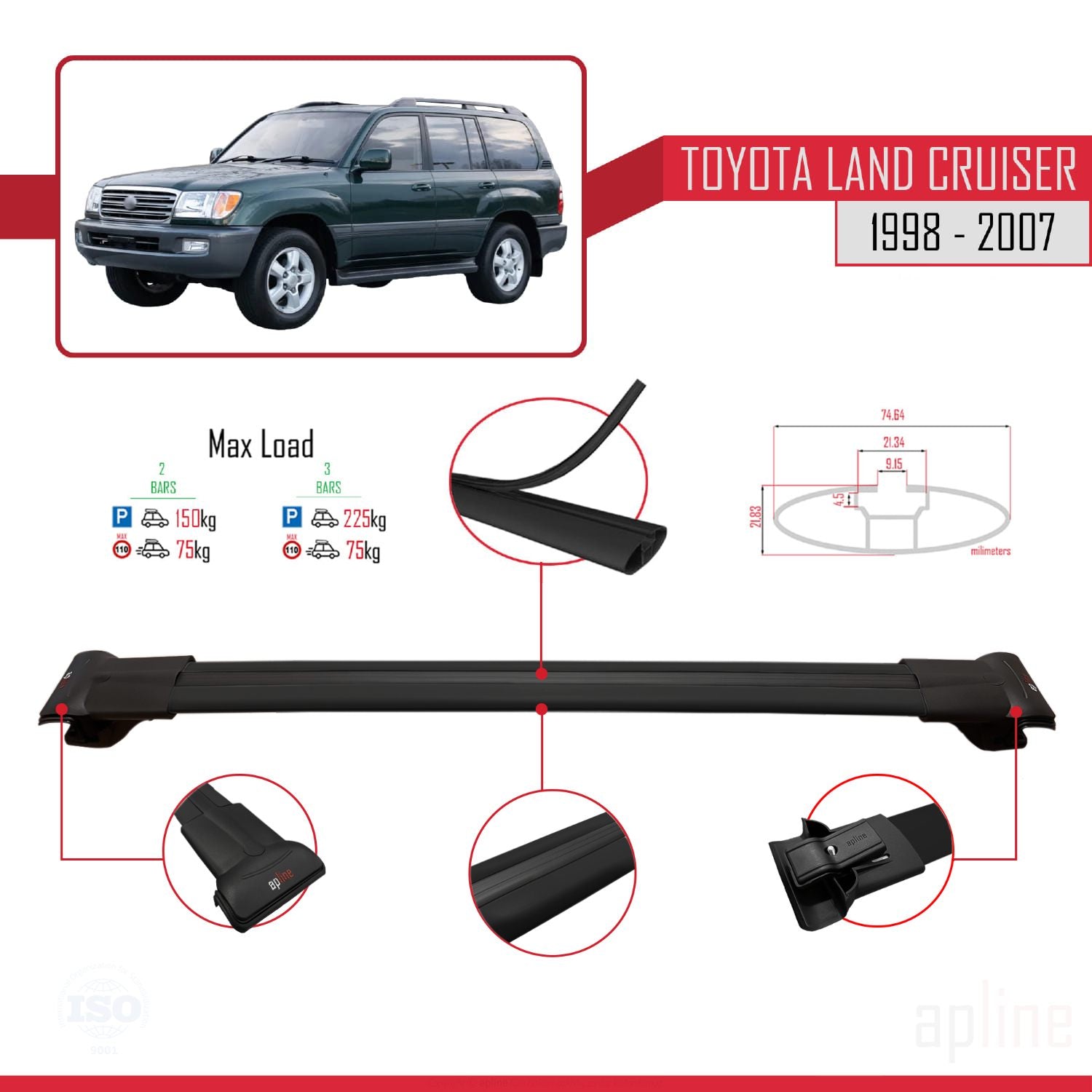 Compatible avec Toyota Land Cruiser 1998-2007 FLY Model Barres de Toit Railing Porte-Bagages de Voiture Noir Aluminium 3 Barres