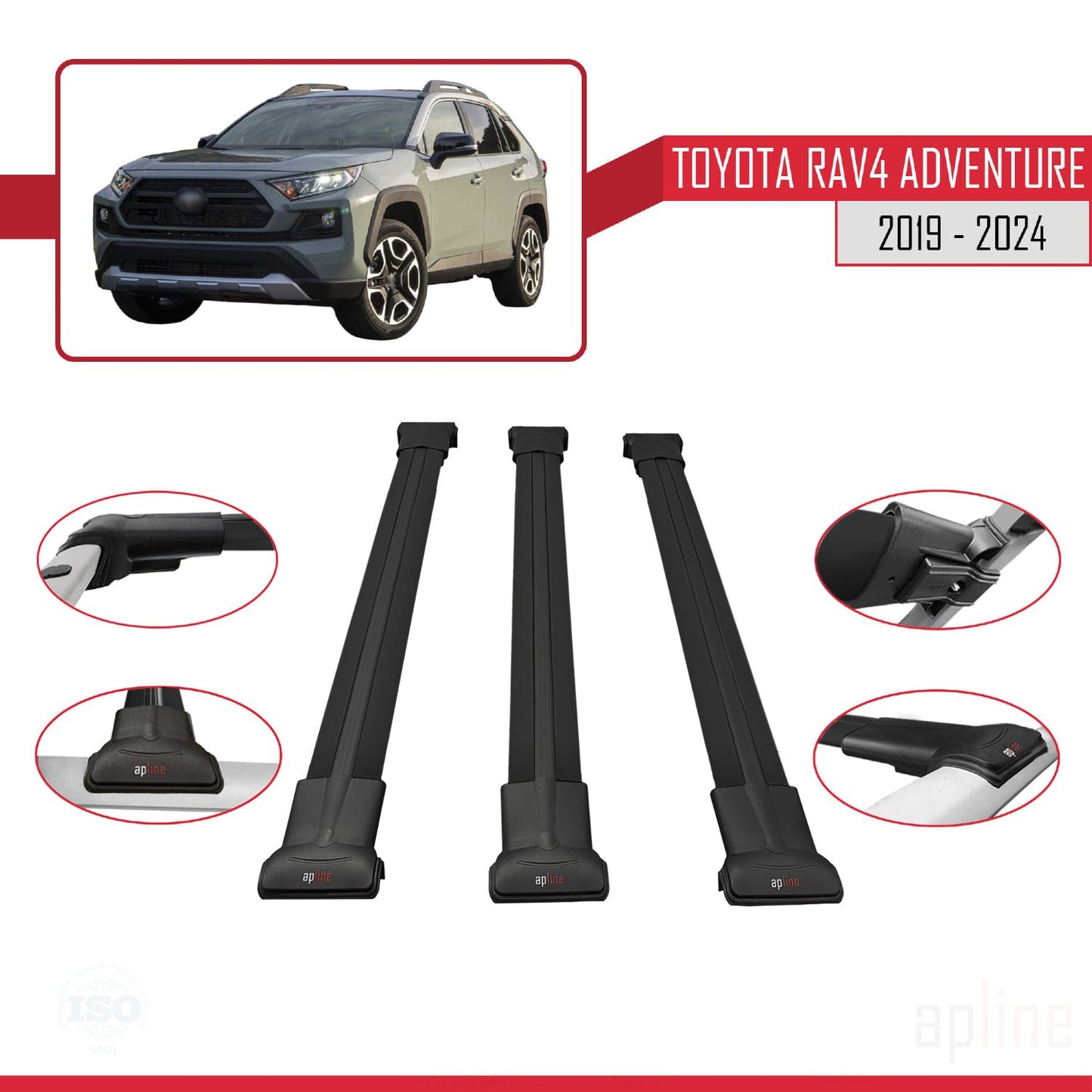 Compatible avec Toyota RAV4 Adventure 2019-2024 FLY Model Barres de Toit Railing Porte-Bagages de Voiture Noir Aluminium 3 Barres