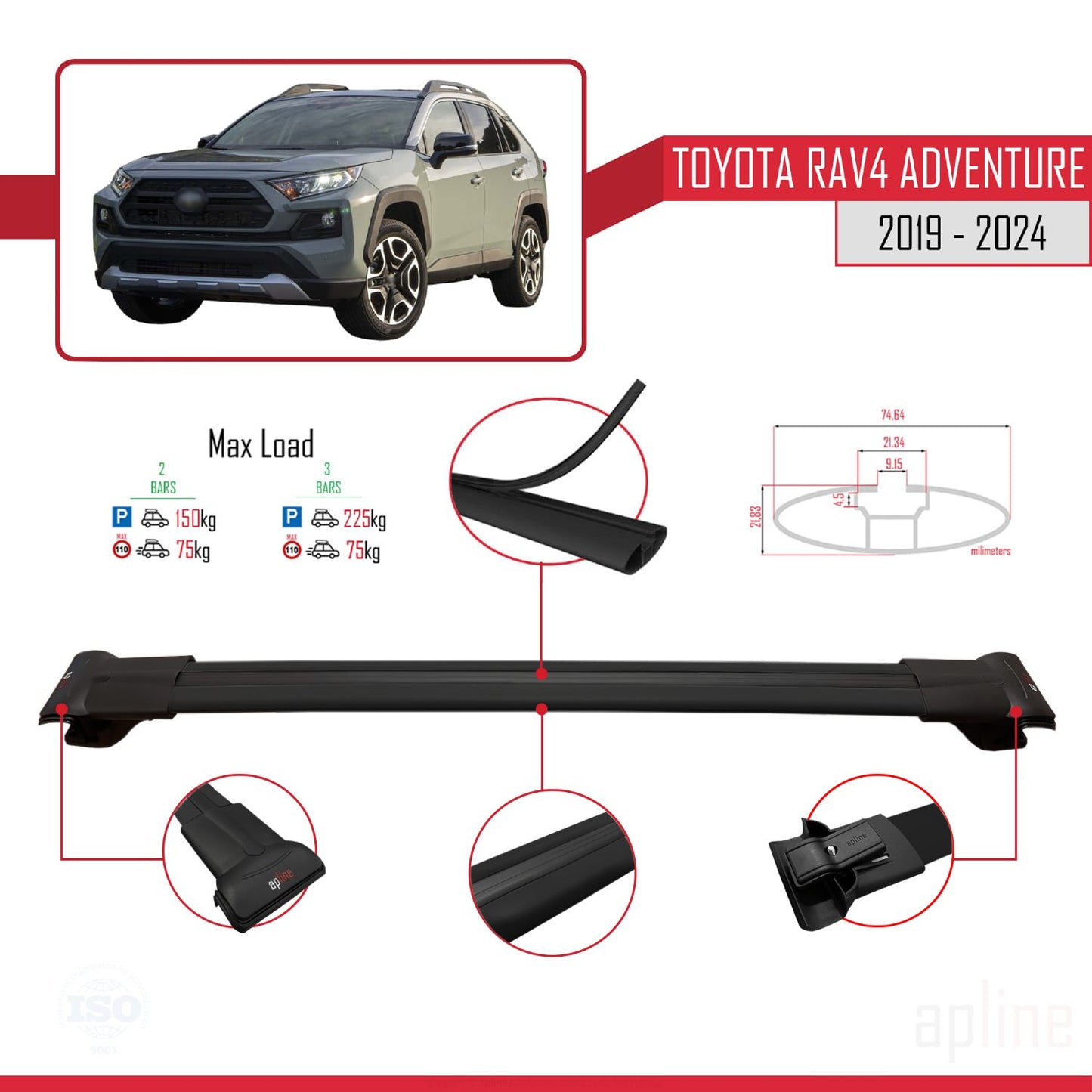 Compatible avec Toyota RAV4 Adventure 2019-2024 FLY Model Barres de Toit Railing Porte-Bagages de Voiture Noir Aluminium 2 Barres