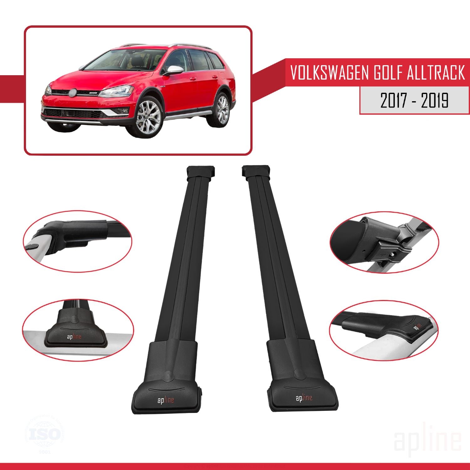 Compatible avec VW Golf Alltrack Mk7 2017-2019 FLY Model Barres de Toit Railing Porte-Bagages de Voiture Noir Aluminium 2 Barres