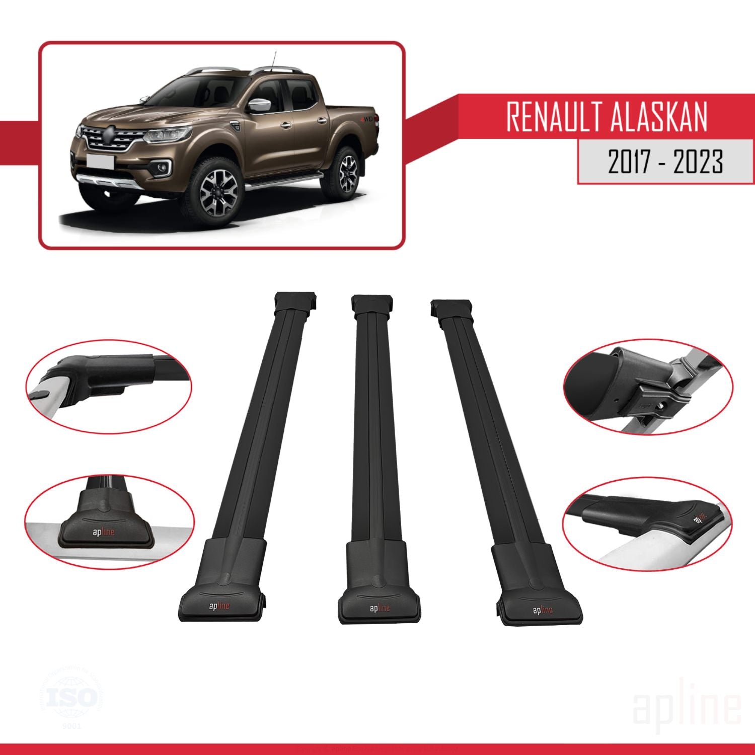 Compatible avec Renault Alaskan 2017-2023 FLY Model Barres de Toit Railing Porte-Bagages de Voiture Noir Aluminium 3 Barres