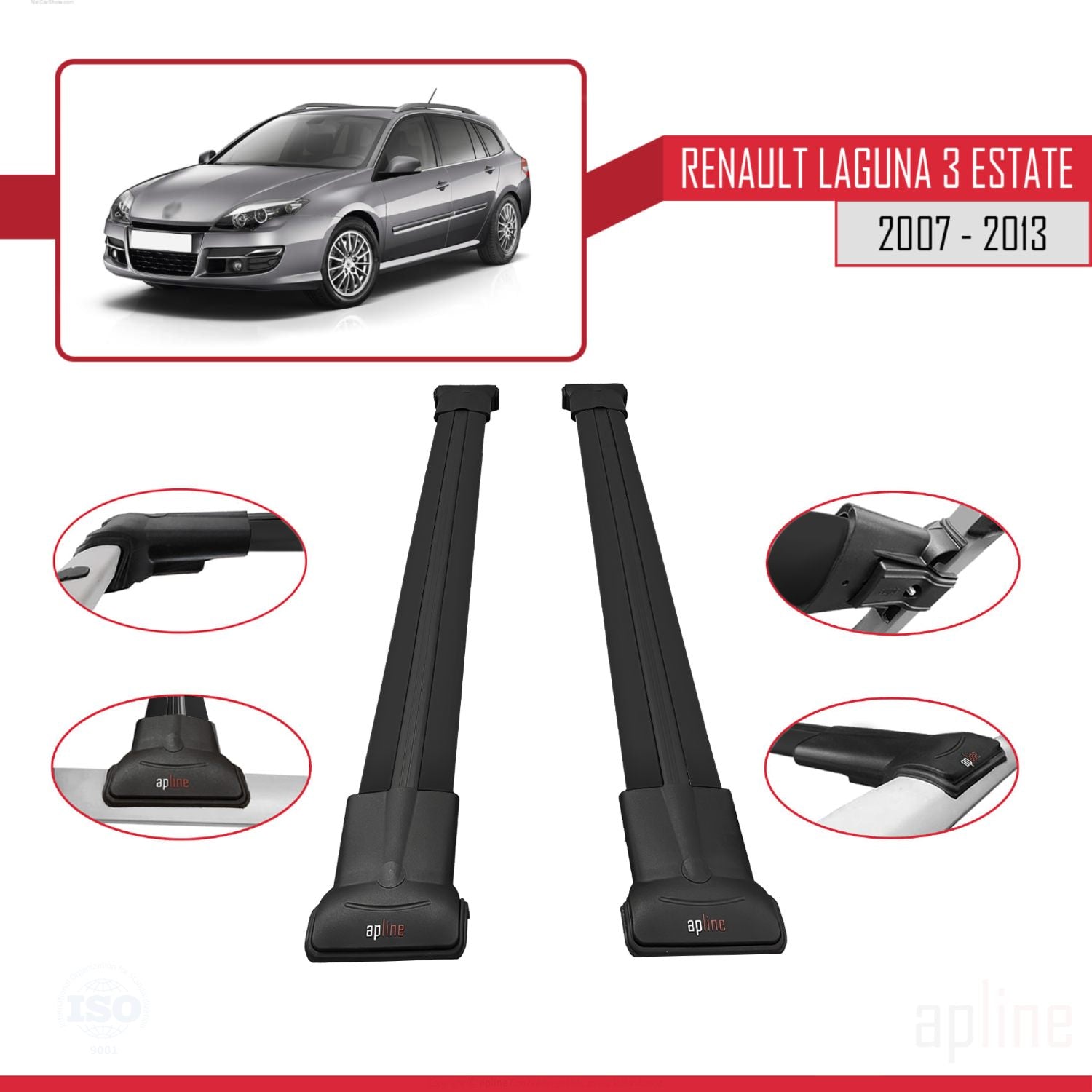 Compatible avec Renault Laguna 3 Estate 2007-2013 FLY Model Barres de Toit Railing Porte-Bagages de Voiture Noir Aluminium 2 Barres