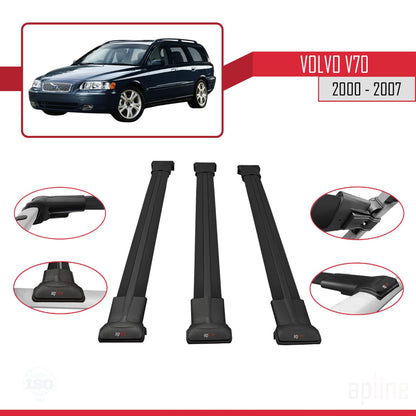 Compatible avec Volvo V70 2000-2007 FLY Model Barres de Toit Railing Porte-Bagages de Voiture Noir Aluminium 3 Barres