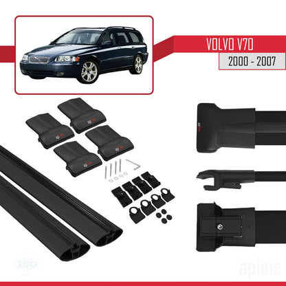 Compatible avec Volvo V70 2000-2007 FLY Model Barres de Toit Railing Porte-Bagages de Voiture Noir Aluminium 2 Barres
