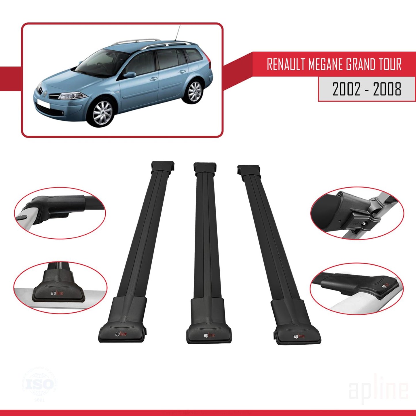 Compatible avec Renault Megane Grand Tour 2002-2008 FLY Model Barres de Toit Railing Porte-Bagages de Voiture Noir Aluminium 3 Barres
