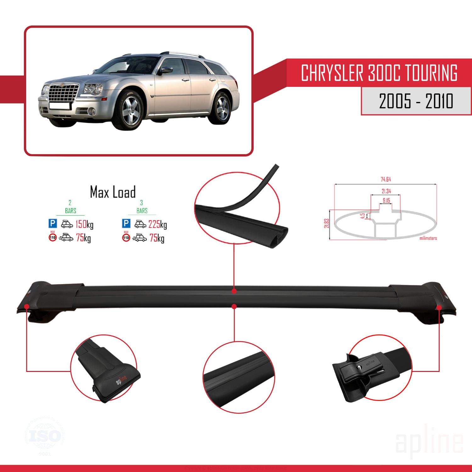 Compatible avec Chrysler 300C Touring 2005-2010 FLY Model Barres de Toit Railing Porte-Bagages de Voiture Noir Aluminium 3 Barres